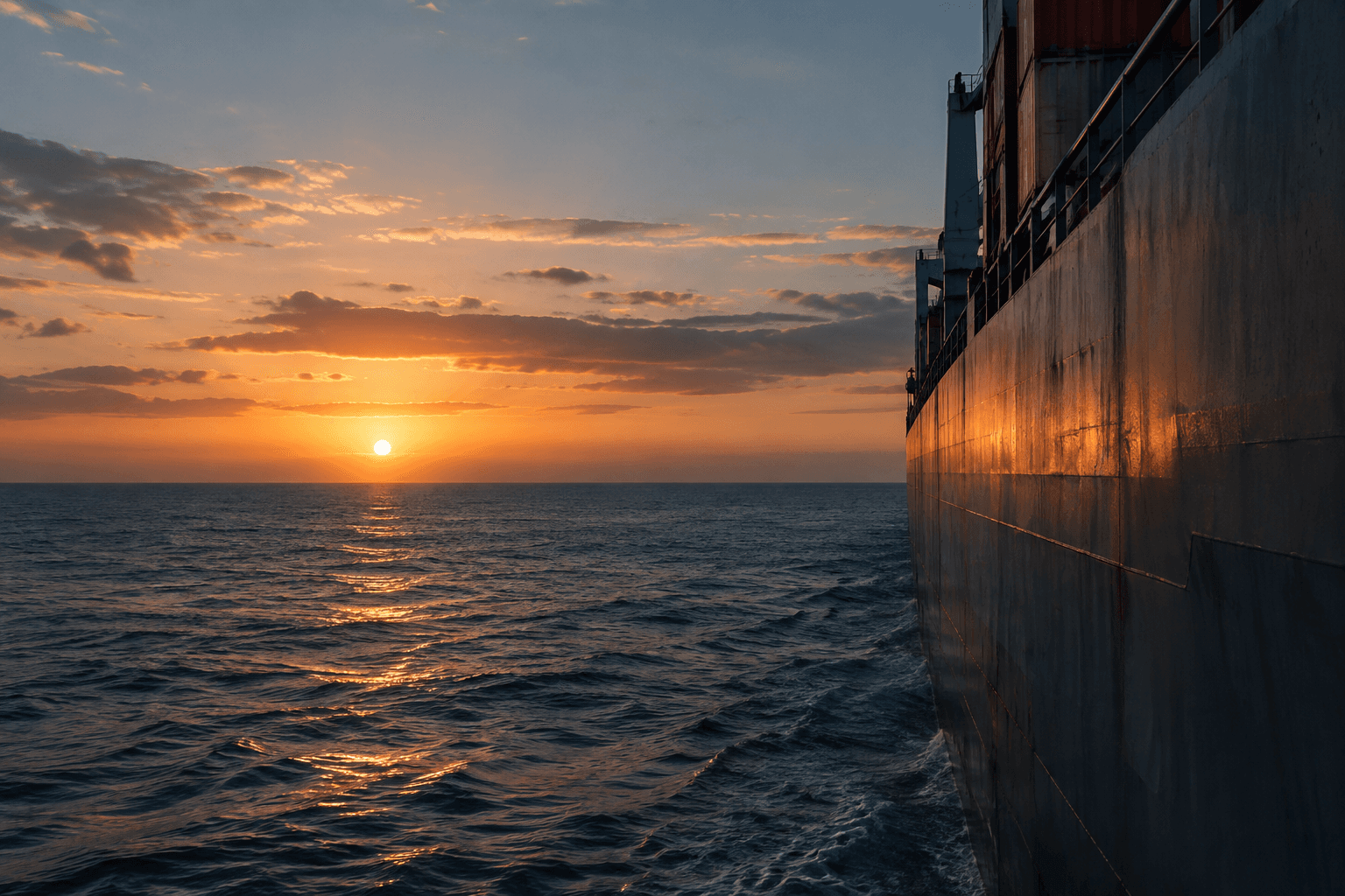 Illustrative view of the sun setting over the open sea beside the hull of a cargo ship