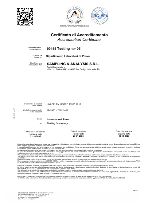 First page of ISO/IEC 17025 Accreditation Certificate