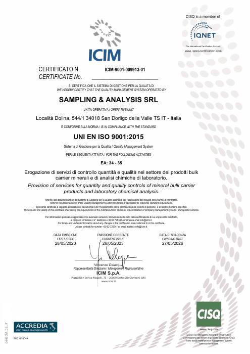 First page of Sampling & Analysis ISO 9001 ICIM / IQNET Certificate