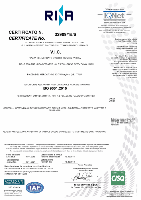 First page of VIC ISO 9001 Certificate